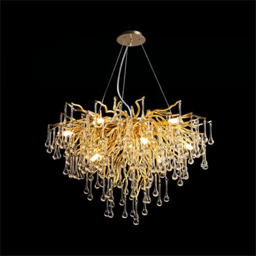 Leomix Moderner Kristallleuchter,Goldener Baumzweig-Kronleuchter Pendelleuchten Mit Hoher Decke Über Dem Tisch Kücheninsel-Hängeleuchte Für Esszimmer, Wohnzimmer,Round 100cm