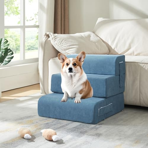 [en.casa] Haustiertreppe Haustierbett Joelerhatra 4-TLG. 45x50x45 cm Cord Blau Hundetreppe Katzentreppe für Bett, Sofa und Couch