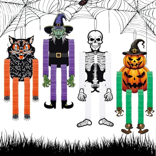 Bailarines de Papel Vintage de Halloween, 4 Colgante de Panal de Halloween Decoración, Adornos de Papel de Esqueleto de Bruja para Colgar, para Arbol, Puerta, Pared y Decoración del Hogar