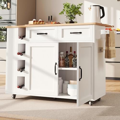 LAKFEW Isla Cocina con Ruedas y Enchufes, Aparador Cocina con Tablero Plegable y Botellero, Mueble Auxiliar de Cocina Isla de Cocina con 2 Cajones y Toallero, 131.5x43(76) x90.7 cm, Blanco+Natural
