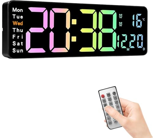ELLECILA 13 Large Digital Wall Clock, LED Clocks Digital with Remote Control, Gym Clock with Count Up & Down/10-Level Dimming/Dual Alarm/Date/Temperature for Home, Office, Garage