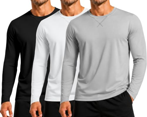 Herr 1 eller 3-pack bomullströjor, långärmad rund hals avslappnade t-shirts, klassisk normal passform tröja träning löpning gym toppar, X-3pack: Svart/Vit/Grå, XL
