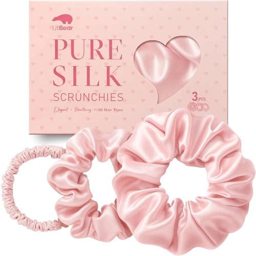 Litbear Set di 3 elastici per capelli in seta al 100% pura di gelso Scrunchies, in 3 misure, anelli per capelli in seta per dormire, delicati contro la rottura dei capelli (rosa + viola + nero)