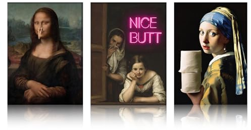 Badezimmer Poster, 3 Stück Leinwand Bild, Mona Lisa Lustig Parodie Wandbild, Humorvoll Gäste WC Deko, Wanddekoration für Toilette, Waschküche, Wandkunst Ohne Rahmen 30×21CM DIN A4