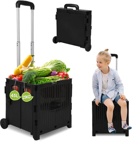 Eikuavons Klappbarer Einkaufswagen 45L mit Deckel, 2-Rad Trolley, Höhenverstellbarer Griff, 40kg Traglast, Faltbarer Transportwagen für Supermarkt, Camping, Umzug (Schwarz