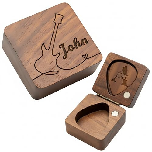 Lunea Personalised Wooden Guitar Picks with Box – Custom Engraved Guitar Pick Holder Box, Unique Gift for Guitar Players, Father’s Day, Christmas & Birthdays