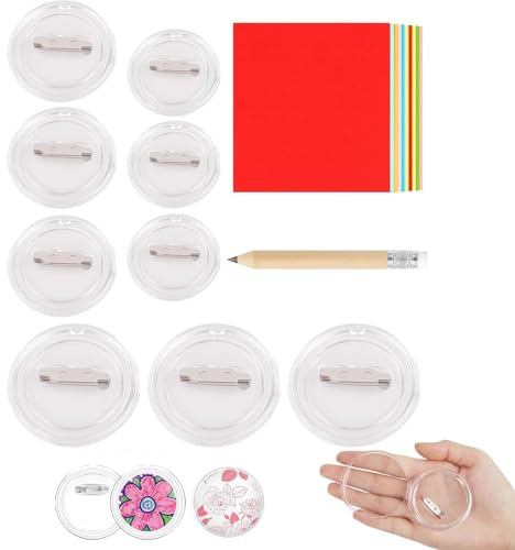 Buttons Selber Machen Set mit 24 Stück Buttons in 3 Größen (37mm, 44mm, 58mm), 100 Blatt Farbiges Papier und 1 Bleistift, Ideal für Schulprojekte, DIY Geschenke und Veranstaltungen