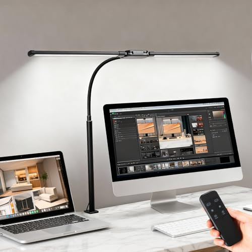 LED Desk Lamp with Clamp, Double Head Adjustable Architect Light, Black