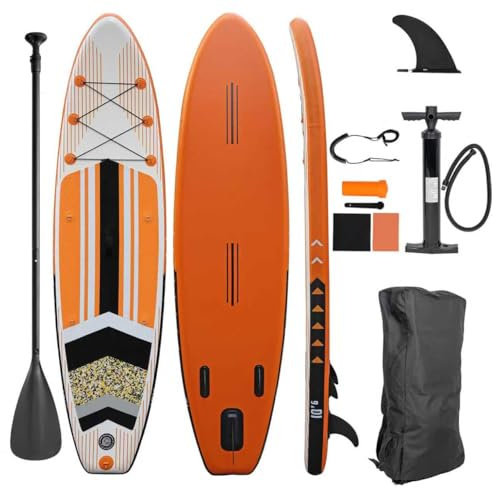 Stand Up Paddle Board e4fun, vari colori, 320 x 81 x 15 cm, gonfiabile, con pagaia, pompa, zaino, kit di riparazione (arancione)
