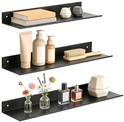Romon Schwarz Metallregal Set, 3 Größen Schweberegal ohne Bohren, Schraubenmontage Schmal Regal Wand, Multifunktionales Badregal & Küchenregal & Rostfest Duschablage für Bad Küche Wohnzimmer Flur