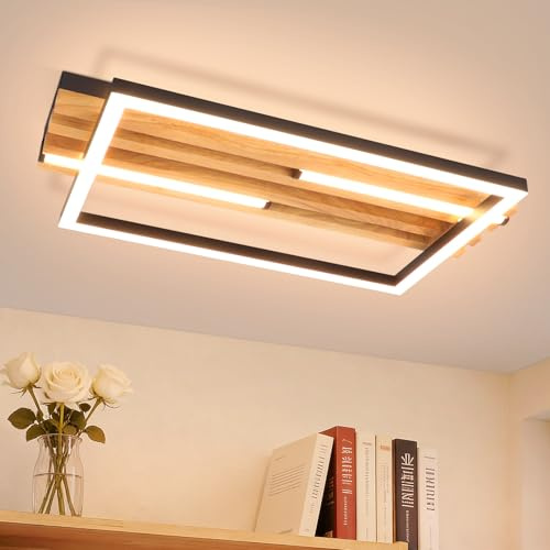GBLY LED Deckenleuchte Holz: 38cm Deckenlamp Modern Schlafzimmerlampe 24W | 3000K Schwarz Rechteck Warmweiß Design Küchenlampe fur Schlafzimmer Küchen Wohnzimmer Flur Büro Esszimmer Lampe Nicht dimmbar