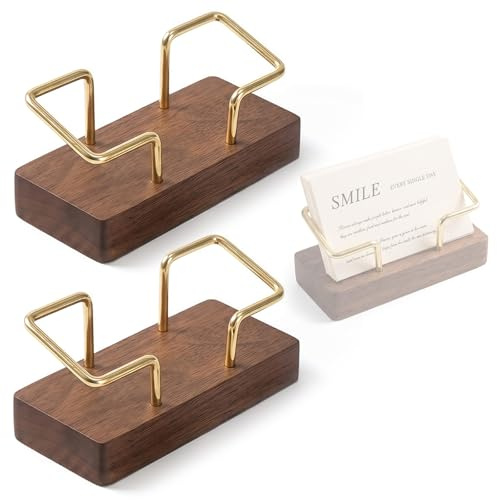 Zyrtkeriom Porte-Cartes de Visite en Bois de Noyer Naturel : Lot de 2 Supports en Laiton Premium, Design Élégant Idéal pour Bureaux, Hôtels et Restaurants