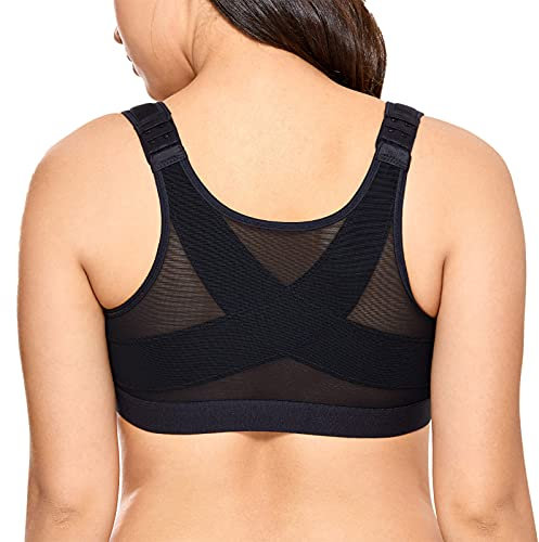 DELIMIRA Women's Front Fastening Bras Non Wired Posture Correcting Back Support Post Surgery Bra Plus Size Comfort Black 46C