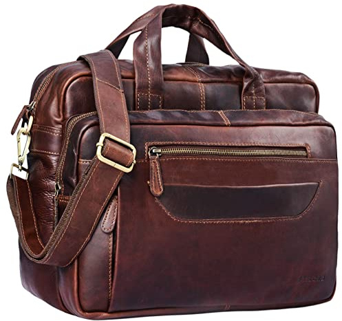 STILORD Challenger Große Leder Umhängetasche Herren Damen 15,6 Zoll Laptoptasche Lehrertasche Aktentasche für 2 Aktenordner XL Arbeit Büro Studium Vintage Farbe:Cognac - Dunkelbraun