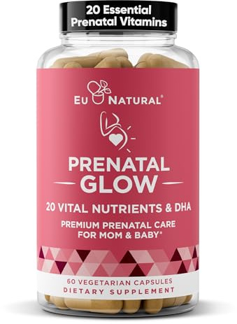 Eu Natural Glow Prenatal Vitamins for Women - 20-in-1 Prenatal Multivitamin with Folate & Vegan DHA - Supports Healthy Pregnancy, Fetal Development & Mom’s Comfort - 60 Vegetarian Capsules