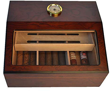LJJ Humidor Puros Cedro, con Higrómetro y Humidificador - Capacidad de 50-60 Cigarros Marrón
