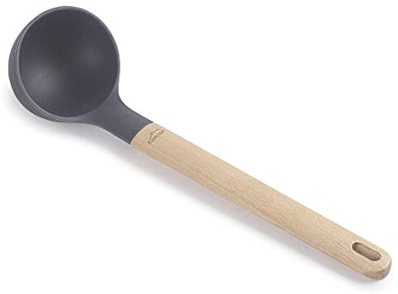 LACOR 68187 Louche de Service en Silicone avec Manche en Bois de hêtre, résistante aux Hautes températures, sans BPA, Longueur 32,5 cm, Ø9 cm, 130 ML, Gris