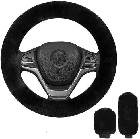 3 Stück Auto Lenkradhülle, Universal Lenkradabdeckung Handbremse Getriebe Abdeckung Plüsch Winter Anti Rutsch Warme Lenkrad Abdeckung Lenkradschoner Lenkradbezug Auto Zubehör, 36-39cm (Schwarz)