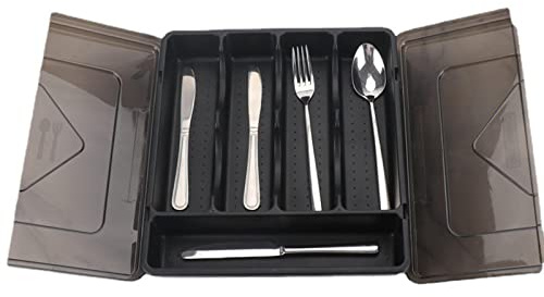 MISNODE Porte-ustensiles avec couvercle, organisateur de couverts, 5 compartiments, boîte de rangement pour couverts de cuisine, argenterie, bac de rangement avec couvercle pour tiroir de comptoir