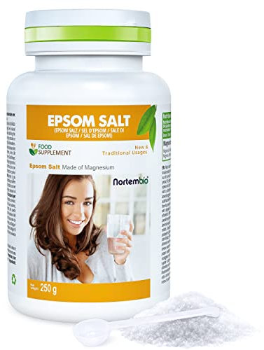 Nortembio Sal de Epsom Alimentaria 250 g. Sulfato de Magnesio para Tomar. Sal de Higuera. Epsom para Limpieza de Hígado. Cacito Dosificador Incluido.