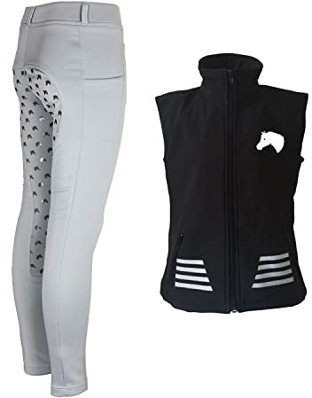 MS-Trachten Reitset Kinder Softshell Reitweste Juli schwarz mit Reitlegging Hanni hellgrau (152)