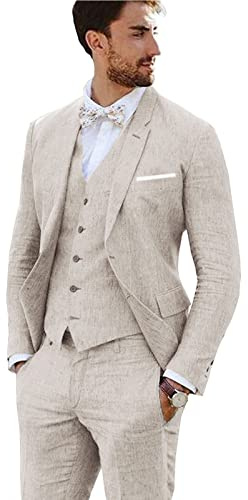 Furuyal Abito in Lino 3 Pezzi Vintage retrò Abiti da Ballo da Sposa Slim Fit Giacca Blazer Sposo Smoking, Beige, M