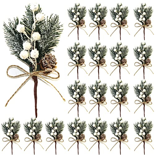 HanOBC 20 Stück weiße Beerenstiele 15 cm künstliche Kiefernspieße Zweige Weihnachten Blumenplektren und Sprays Urlaub Winter Blumenplektren für Girlande Kranz Xmas Decor