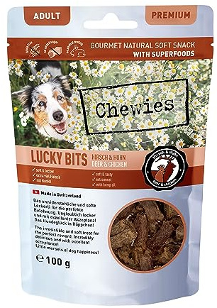 Chewies Lucky Bits Hirsch & Huhn Adult Hundeleckerli - Hunde-Leckerlis getreidefrei & Soft mit viel Protein und Superfoods wie Bierhefe oder Ginkgo, ohne Zucker (100 g)