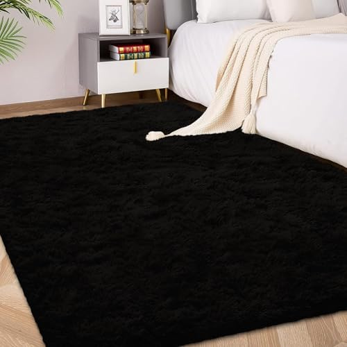 FVVRAX Fluffy Rugs Living Room Bedroom, Shaggy Large Black Rug 140x200cm | Machine Washable Rug Luxury Carpet, Non-Slip Non-Shedding Soft Floor Mat for Cosy Homes Nursery Dorm, Kids & Pets Friendly