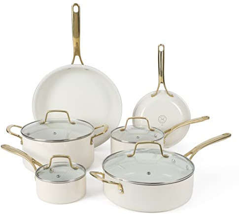 Martha Stewart Lockton Nonstick Ceramic Interior 10 Piece Enamel Auminum Cookware Set - Linen w/Gold Handle