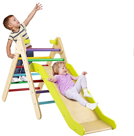 GOPLUS Juguete de escalada 2 en 1 con tobogán ajustable, escalera triangular de madera, pasamanos de seguridad, pared de escalada en interiores y exteriores, para casa y guardería (colorido)