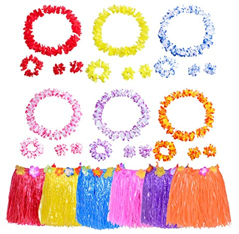 40Pcs Hawaiana Niña Falda Hawaiana embalar con 8 Hawaiian Grass Hula Falda,8 Flores Hawaianas Guirnalda Hawaiana,8 diademas y 16 pcs de muñequeras, Falda Hawaiana para niñas mujeres Hawaii Luau verano