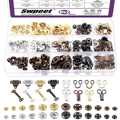 Swpeet 152Pairs 3 Styles 4 Farben Rock Haken und Augen Nähen Haken mit Metall Nähen Snap Buttons Assortment Kit, Nähen Snaps Haken und Ösen mit Metall Druckknöpfe für Kleidung