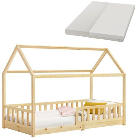 Juskys® Kinderbett Marli 90 x 200 cm mit Matratze, Rausfallschutz, Lattenrost & Dach - Massivholz Hausbett für Kinder - Bett in Natur
