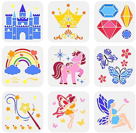 FINGERINSPIRE 9 Stück Fantasy-Themen-Schablonen 15x15 cm Schmetterling, Einhorn, Sterne, Feen, Schloss, Krone, Zauberstab Muster Sets für Tagebuch- und Scrapbooking