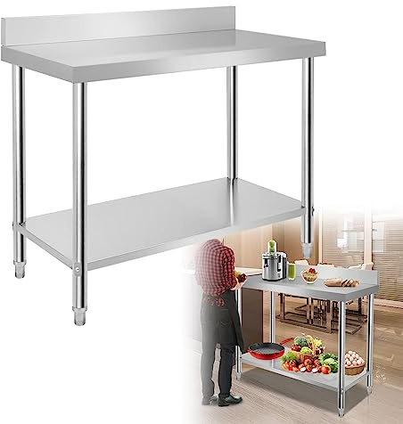 YZNAHRE Edelstahl Arbeitstisch mit Aufkantung Küche Edelstahltisch Höhenverstellbarer Küchentisch Zubereitungstisch Zerlegetisch Gastronomie Catering Tisch, max. 160KG Tragkraft (100 x 60 x 85cm)