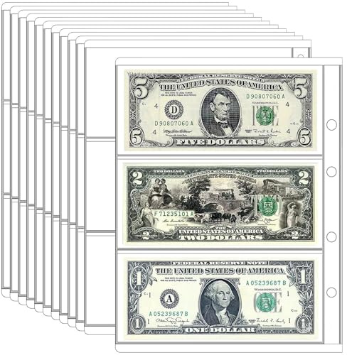 Ettonsun 10 Blatt Papier Geld Sammlung Lieferseiten, Währung sammeln Buch Album Hüllen, 30 Taschen Geld Stempel Seitenhalter für Standard 9-Loch Münzsammler Binder (3 Taschen/Blatt)
