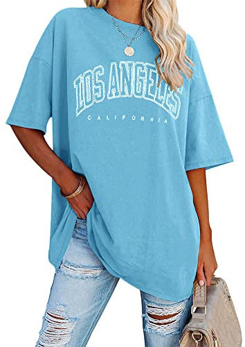 Ebifin Oversize t-shirt damer vintage kortärmad rund hals Los Angeles toppar toppar casual lös basic sommar t-shirts skjortor blus.