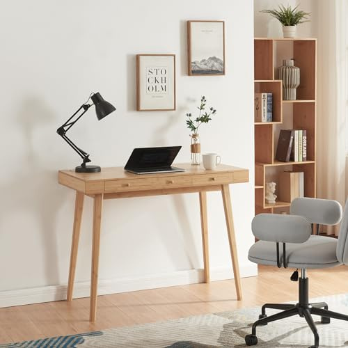 [en.casa] Scrivania Tavolo da Ufficio Studio Postazione di Lavoro Piano Rettangolare 100 x 50 cm e 3 Cassetti Integrati Tavolo in Bambù color Naturale