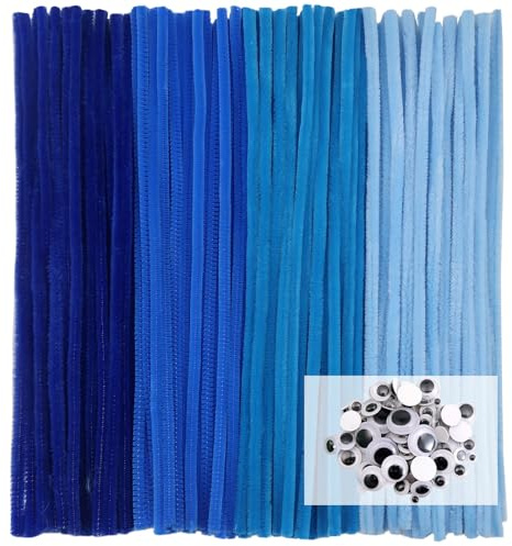 TOAOB 100pcs Blue Pipe Cleaners for Craft 30cm Long Crafting Pipe Cleaner Fuzzy Sticks 6mm Thick Chenille Stem Craft Supplies with Wiggle Googly Eyes for DIY Art Bouquets Project Decoration