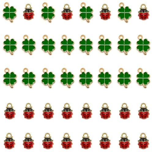 Niuhong 40 Pcs Kleeblatt Marienkäfer Charms DIY-Handwerk Verzierungen | Anhänger Glücksbringer Vierblättriges Grün Vierblättrige Charm Rot Ladybug Emaille Charme Kleeblätter Basteln Schmuck