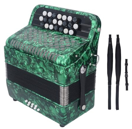 Professionelles Akkordeon mit 22 Tasten und 8 Bässen, Bequemer Knopf, Praktisch und Tragbar mit Doppeltem Schulterrucksack für Professionelle Akkordeonisten (GREEN)