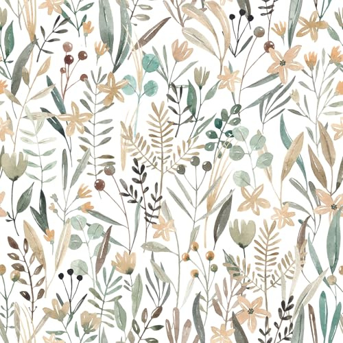 VaryFloral Selbstklebend Tapete Grün Salbei 30.5cmx1000cm Möbelfolie Fototapete Blumen Weiß Muster Botanisch Mustertapete Selbstklebende Folie Aquarell Tapeten Wohnzimmer Kabinett Schublade