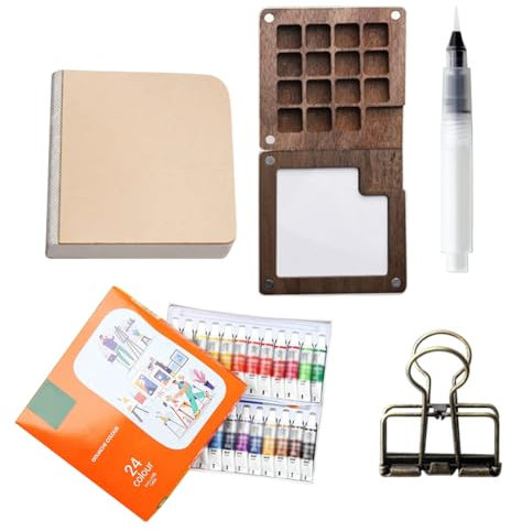 Palette Aquarelle Portable, Palette Portable Aquarelle Poche, Palette de Peinture en Bois avec Clip et Stylo à Aquarelle, Mini Boîte Plateau Peinture de Voyage pour Aquarelle, Gouache (15 Grilles)