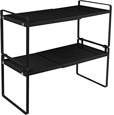 HUOLE Étagère de Cuisine, étagère à épices, Empilable, Extensible, en Métal, Bois d’Ingénierie,Organiseur de Tasses, Organiseur d'assiettes, étagère de Bureau pour bureau-36-60 * 21 * 36,5 cm (Noir)