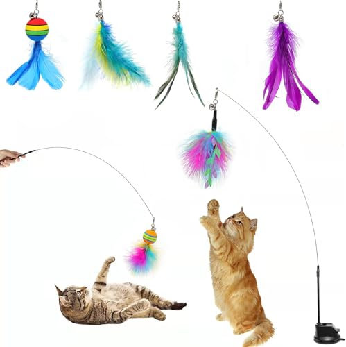 HLXJR Automatisches Katzenspielzeug mit Saugnapf, 2× ultralanger Flexibler Katzenstab aus Metallfeder (94 cm) mit 6 Federanhängern, interaktives Spielzeug für aktive und gelangweilte Wohnungskatzen