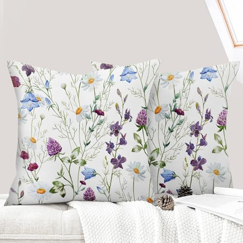 ECZOIL 2er Set Boho Kissenbezüge 40x40 cm, Blumen Dekorative Kissenhülle Kurzer Plüsch 16x16 Inch Doppelseitiger Druck Dekorative Kissenbezug für Wohnzimmer Sofa Schlafzimmer-Lila Gänseblümchen