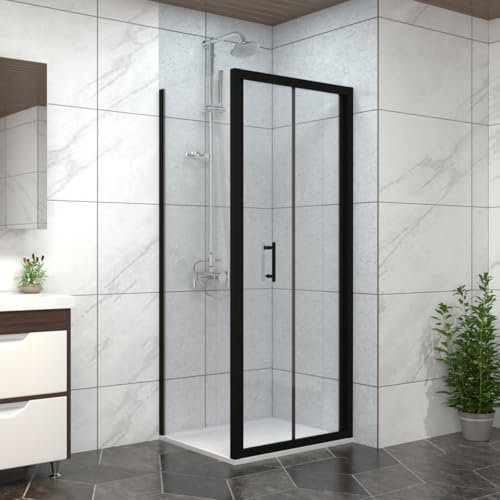 NRG 1300 x 900mm Sliding Shower Enclosure Matte Black Framed + Side Panel, Bathroom Cubicle Screen Door with SMC Rectangle Shower Tray White