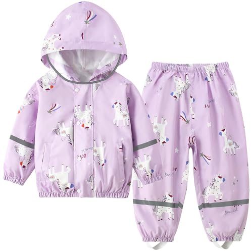 Kids Waterproof Suit, Raincoat & Trousers 2-Piece Rain Suit Set, Girls Cartoon Printed Unicorn Puddle Suit, 2-3 Years