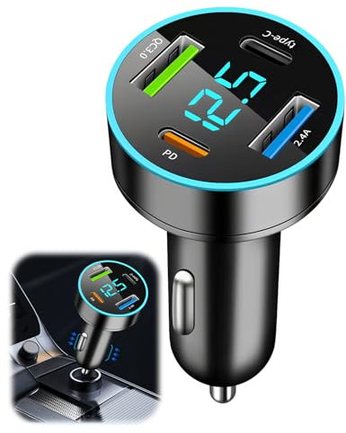 Caricabatterie Presa accendisigari USB veloce auto 53W con 4 porte (PD&QC 3.0) Adattatore accendisigari universale per auto/SUV/camion, caricatore compatto con display LED di tensione, 12V/24V
